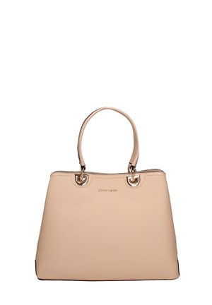 Beige leren handtas met dubbele handvatten en gouden metalen hardware, Pierre Cardin-logo geperst op het midden van de voorkant.