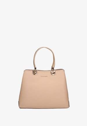 Borsa a mano in pelle beige con doppi manici e ferrature metalliche color oro, logo Pierre Cardin impresso al centro frontale.