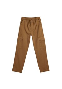 Brune cargo-bukser lavet af bomuld, med en elastisk talje, to sidelommer og to cargo-lommer på benene.