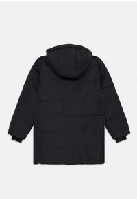Black puffer jacket with a hood, featuring horizontal quilted panels, long sleeves, and elastic cuffs. Soft, matte texture with a simple design.