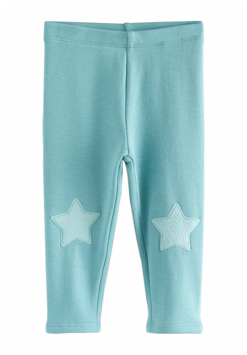Világoskék leggings, puha anyagból, mindkét oldalon két csillag alakú applikációval, amelyek enyhén sötétebb árnyalatúak.