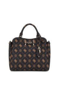 Borsa nera con superficie texturizzata, dettagli dorati a motivo, doppi manici e un attacco per portachiavi decorativo.