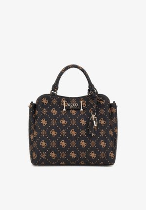 Schwarze Handtasche mit strukturiertem Oberflächen, goldfarbenen Akzenten, zwei Griffen und einem dekorativen Schlüsselanhänger.