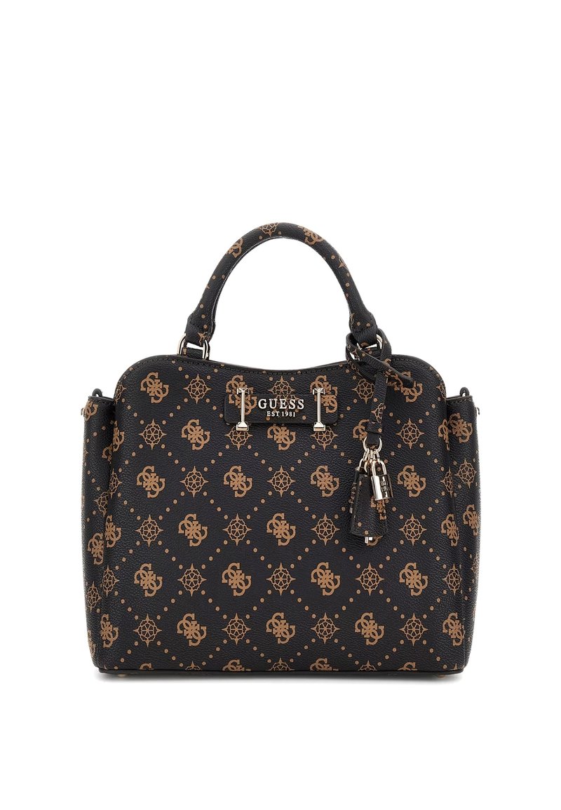 Borsa nera con superficie texturizzata, dettagli dorati a motivo, doppi manici e un attacco per portachiavi decorativo.