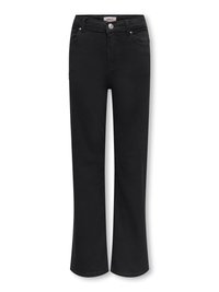 Vaqueros de mezclilla negra con diseño de pierna recta, cierre con botón, estilo de cinco bolsillos y sutiles detalles en hardware plateado.