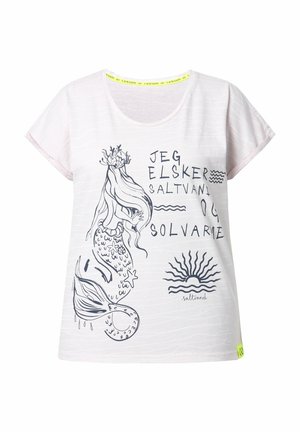 Light pink t-shirt with short sleeves, featuring a blue mermaid graphic and text. Soft, textured fabric with a rounded neckline and neon accents.