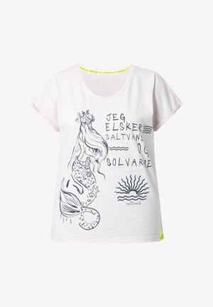 Light pink t-shirt with short sleeves, featuring a blue mermaid graphic and text. Soft, textured fabric with a rounded neckline and neon accents.