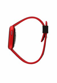 Rode smartwatch met een rechthoekig zwart display, rubberen band en zijknop. De band heeft een gladde textuur en een eenvoudig ontwerp.