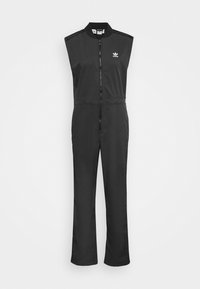 Svart ärmlös jumpsuit med framdragkedja, hög hals och Adidas-logga på bröstet. Tillverkad av mjukt, elastiskt tyg med en figurnära design.