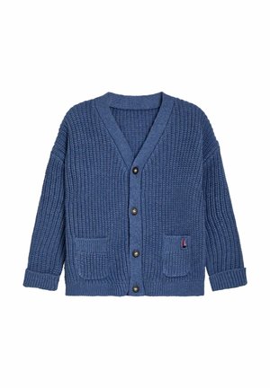 Blauer gestrickter Cardigan mit V-Ausschnitt, langen Ärmeln, zwei Fronttaschen und einer Fünf-Knopf-Verschluss. Texturiertes Material mit gerippten Bündchen.