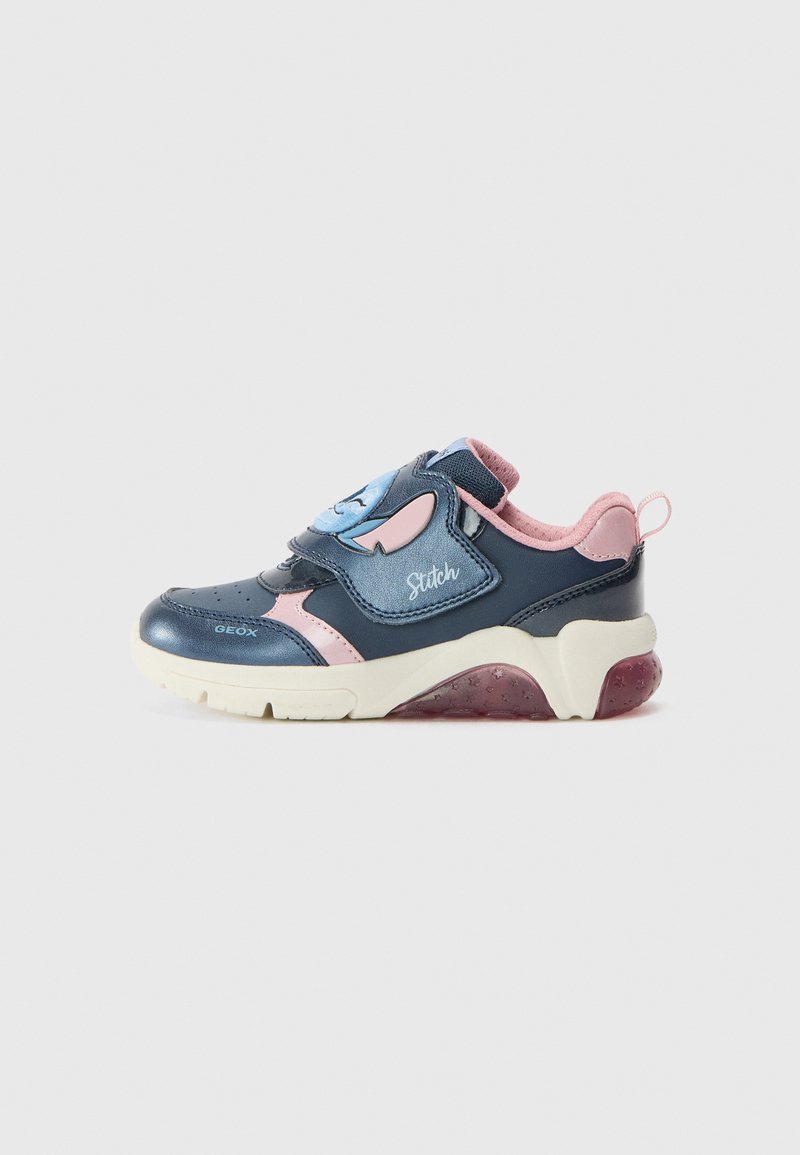 Navy blue shoe with pink accents, made of smooth leather and rubber. Velcro strap features a cartoon design and a textured, cushioned sole.