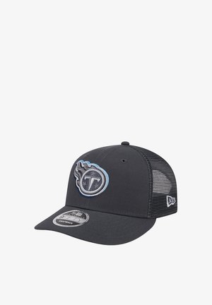 Black cap with mesh back, featuring a blue embroidered team logo on the front. Curved brim and adjustable snapback closure.