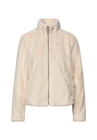 Kremowa kurtka z sztucznego futra z kołnierzem stojącym, zamkiem błyskawicznym z przodu oraz długimi rękawami. Miękka faktura i krótki krój. Brak wzorów i zdobień.