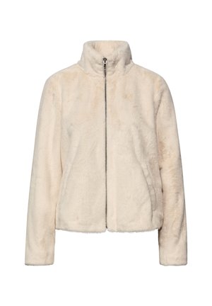 Veste en fausse fourrure crème avec col montant, fermeture zippée à l'avant et manches longues. Texture douce et coupe courte. Sans motifs ni accents.