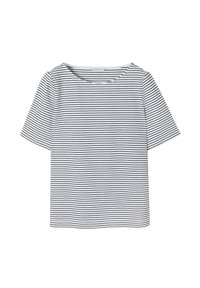 Top de algodón blanco de manga corta con rayas horizontales negras, que cuenta con un cuello redondo y un corte relajado. Sin patrones o acentos visibles.