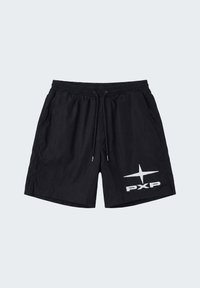 Shorts noirs à cordon de serrage avec taille élastique, poches latérales, logo étoile blanche et texte "PXP" sur la jambe gauche.