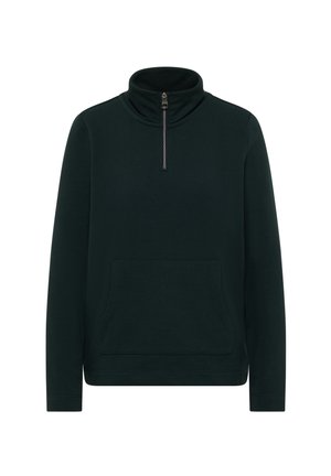 Pullover noir à manches longues avec demi-zip et col montant, doté d'une poche kangourou à l'avant.