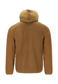 Ruskea fleece-takki paksulla hupulla, jossa on pehmeä rakenne ja joustavat hihat. Yksinkertainen muotoilu, ilman näkyviä kiinnittimiä selässä.