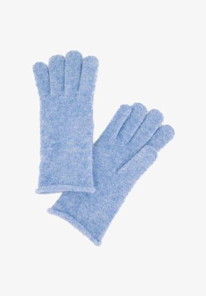 Blaue gestrickte Handschuhe aus weichem, flauschigem Material, mit fünf Fingern, schlichtem Design und gesäumten Kanten.