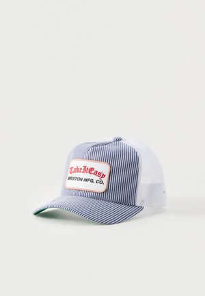 Blå og hvid stribet baseballkasket med hvid mesh bagpå og en lap foran med teksten "Take It Easy Brixton MFG. Co.".