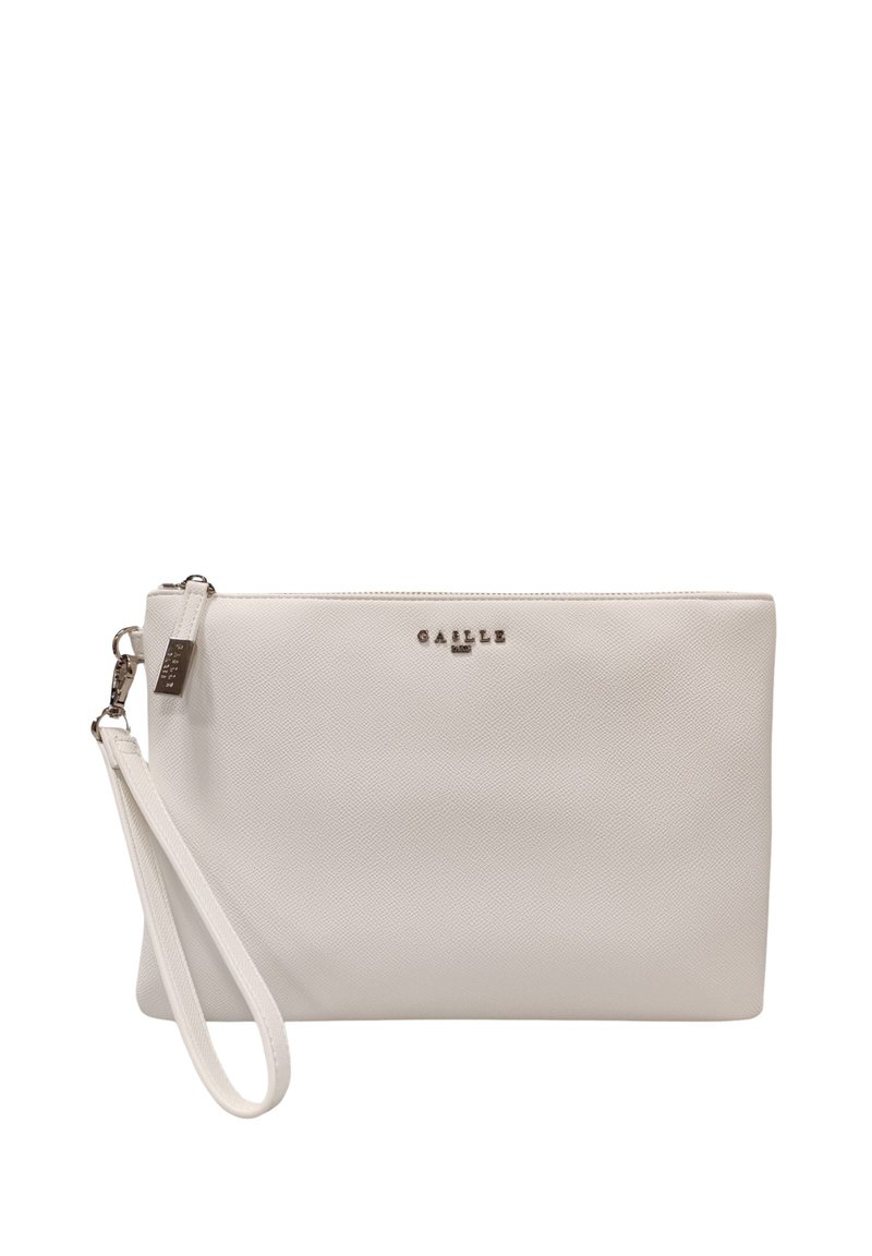 Borsa a pochette bianca con texture, chiusura con zip, cinturino da polso staccabile e un accento del logo metallico sul davanti. Design minimalista e liscio.