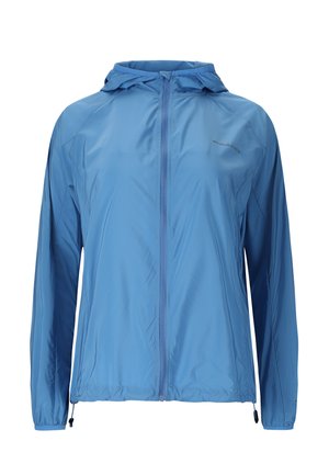 Blauwe lichtgewicht jas met capuchon, ritssluiting aan de voorkant, elastische manchetten en verstelbare trekkoorden aan de zoom, met het label "Endurance" op de borst.