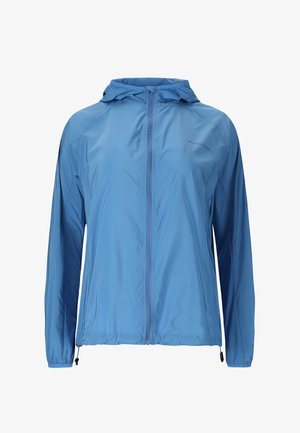 Blue lightweight hooded jacket with front zipper, elastic cuffs, and adjustable drawstrings at the hem, labeled "Endurance" on the chest.