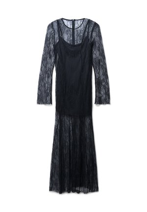 Abito in pizzo nero con maniche lunghe, corpetto aderente e gonna svasata. Sovrapposizione in pizzo testurizzato con un design a strati e elementi trasparenti.