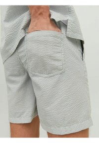 Pantalones cortos gris claro con un fino patrón a cuadros, hechos de una tela suave, con bolsillos laterales y un bolsillo trasero. Los bordes dobladillados completan el diseño.