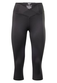 Mustat capri-leggingsit, jotka on valmistettu sileästä, joustavasta kankaasta ja joissa on korkea, risteävä vyötärö ja litteät saumat mukavuutta varten.