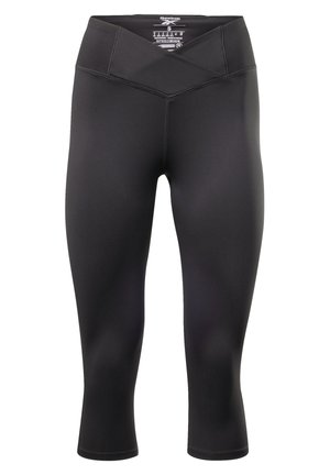 Schwarze Kapri-Leggings aus glattem, dehnbarem Stoff mit einem hohen, überkreuzten Bund und Flachnähten für Komfort.