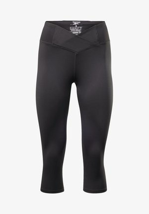 Zwarte capri leggings van glad, rekbaar materiaal met een hoge, overlappende tailleband en platte naden voor comfort.