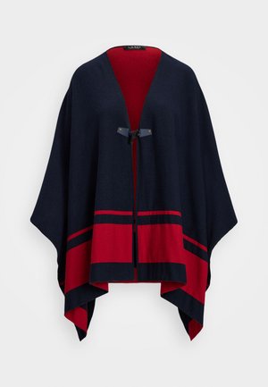 Poncho en laine marine et rouge avec un col en V, fermeture à bascule à l'avant et rayures le long de l'ourlet. Présente une texture douce et un design drapé.