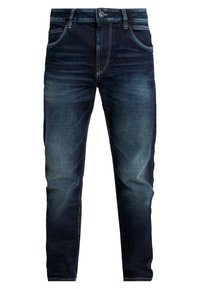 Mörkblå denimjeans med en urtvättad look, som har en smal passform, femfickorsdesign och kontrasterande sömmar.