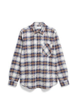 Hemd aus leichtem Stoff. Hat eine weiße Basis mit einem karierten Muster in Blau und Braun, einen spitzen Kragen und eine Brusttasche.