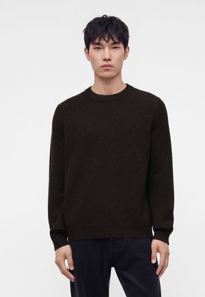 Jeune homme aux cheveux courts et noirs, portant un pull marron foncé à col rond et un pantalon sombre, se tenant devant un fond clair uni.