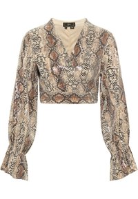 Afskåret bluse med slangemønster, designet med lange, puffede ærmer, en dyb V-hals og pailletdetaljer i beige og brune nuancer.