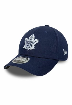 Marineblaue, verstellbare Baseballkappe mit vorne aufgesticktem Toronto Maple Leafs-Logo und New Era-Logo an der Seite.