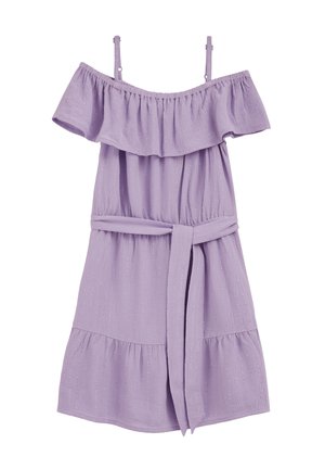 Rochie liliac off-umăr, cu bretele subțiri, decolteu cu volane, cordon la talie și tiv cu volane, realizată dintr-un material ușor și texturat.