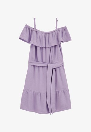 Sirelilillast õlgadeta kleit õhukeste rihmadega, volanilise kaelusega, vöökohal seotav ja astmelise äärega kerge tekstuuriga kangast.