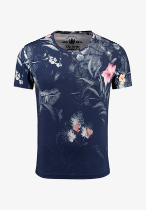 T-shirt bleu marine à manches courtes avec imprimés estompés de feuilles tropicales et de fleurs roses, col rond.