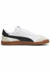 Hvide sneakers med sorte accenter og tan sål. Har en tekstureret overdel og snørebåndsdesign med en gummirubber sål for greb.