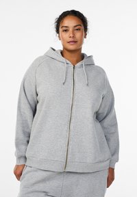 Felpa grigia con cappuccio e zip, caratterizzata da maniche raglan e una finitura testurizzata. Progettata con una cerniera frontale e polsini elastici.