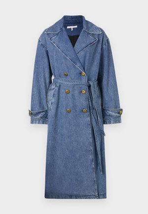 Denim trench coat with a lapel collar, double-breasted gold buttons, belted waist, and loose sleeves, in light blue wash with visible stitching.