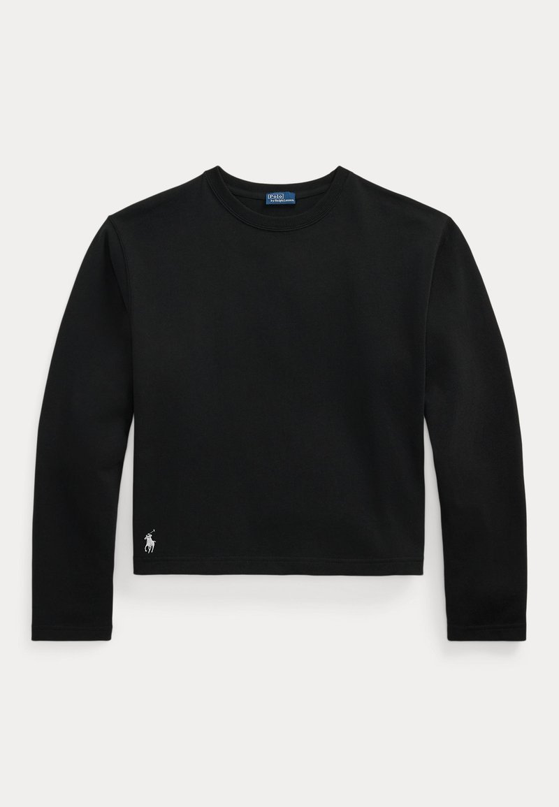 Schwarzes Langarmshirt mit Rundhalsausschnitt und kleinem weißen Polo Ralph Lauren-Logo, das nahe dem unteren linken Saum gestickt ist.