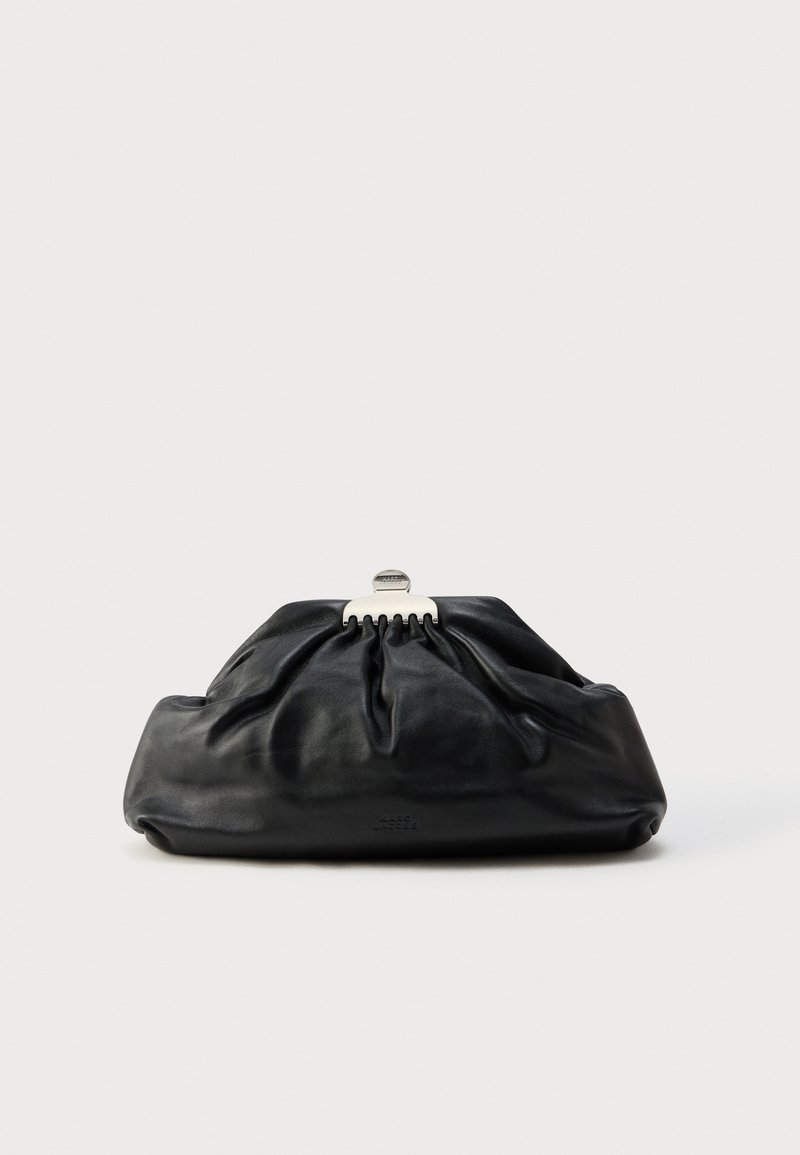 Black leather clutch bag with a gathered texture, metal clasp closure, and subtle embossed logo on the front. Rounded shape.