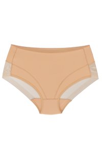 Beige Hohe Taille Slips aus glattem Stoff, mit Netzseitenpaneelen und flachen Nähten für zusätzlichen Komfort. Klassisches Design, das sich für den täglichen Gebrauch eignet.