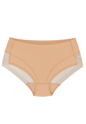 Beige højtaljede trusser med glat stof, mesh-sidede paneldetaljer og flade sømme for optimal komfort. Klassisk design velegnet til hverdagsbrug.