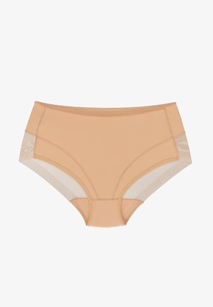 Beige Hohe Taille Slips aus glattem Stoff, mit Netzseitenpaneelen und flachen Nähten für zusätzlichen Komfort. Klassisches Design, das sich für den täglichen Gebrauch eignet.