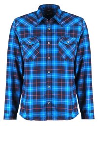 Chemise à manches longues à carreaux bleu et noir avec des lignes rouges, fermeture boutonnée à l'avant, deux poches poitrine boutonnées et un col large.
